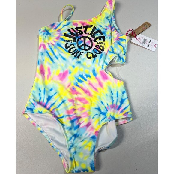 Justice Girls Tie-Dye 1 Shoulder Cut Out Swimsuit XL (16/18) UPF 50+ Swimwear - Picture 1 of 11